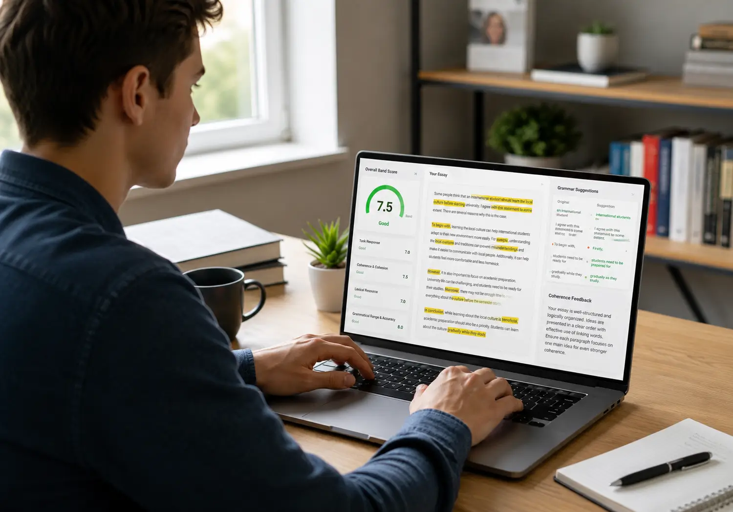 IELTS AI writing examiner features: instant feedback, accurate band scoring, available 24/7